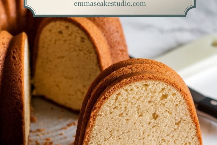 A close-up of a moist sour cream pound cake with a golden crust, sliced to reveal its dense, buttery interior. The cake sits on a marble cutting board with crumbs scattered, accompanied by a knife in the background. The text overlay in a vintage-inspired design reads "Sour Cream Pound Cake," paired with a website link, emphasizing its homemade charm and classic flavor.