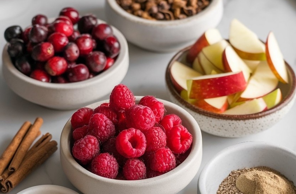 A beautiful spread of fresh ingredients for Christmas jam, featuring a bowl of juicy raspberries, crisp apple slices, and rich red cranberries. Cinnamon sticks and powdered spices add a festive touch, setting the stage for homemade holiday recipes and seasonal preserves.