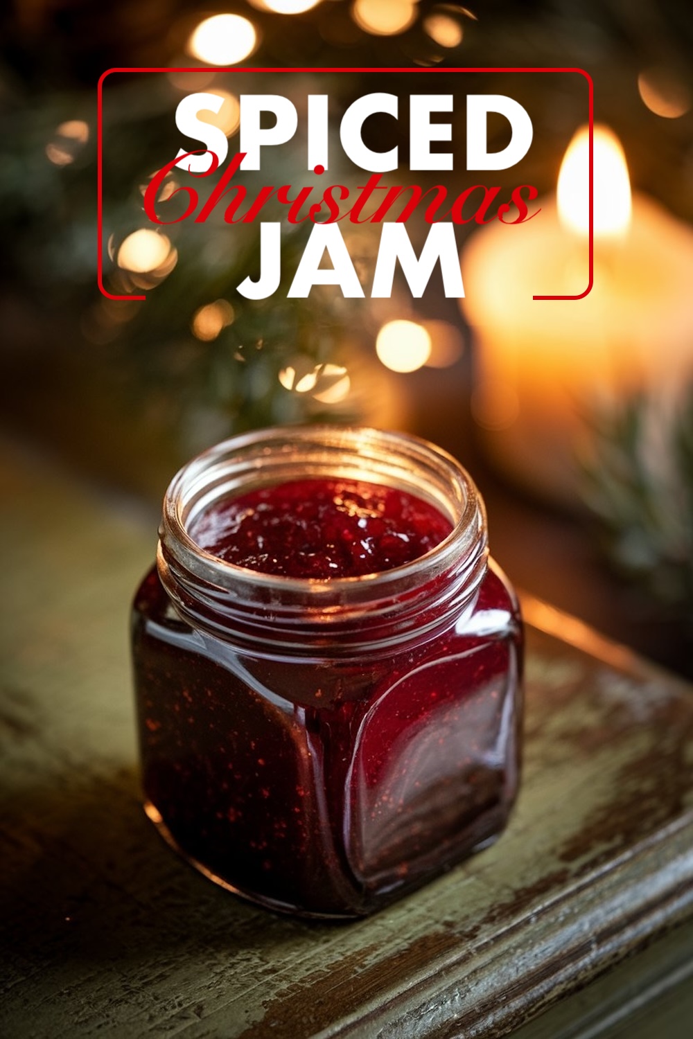 Spiced Christmas jam recipe in a cozy holiday setting, with a glass jar of dark red jam, surrounded by candles and Christmas lights. This seasonal jam recipe features warm spices like cinnamon and nutmeg, making it a festive choice for holiday mornings.