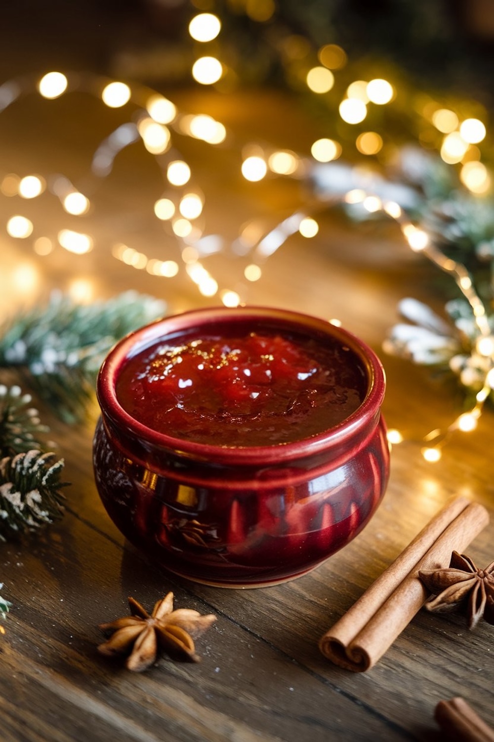 A charming red bowl filled with spiced Christmas jam is displayed on a wooden table, accented with warm fairy lights, star anise, and cinnamon sticks. The scene evokes a rustic, holiday atmosphere perfect for festive kitchen decor or seasonal recipes.