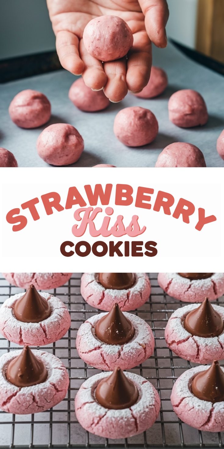 A collage image showcasing the process and final result of strawberry kiss cookies. The top section features a close-up of a hand holding a round ball of pink strawberry cookie dough, with more dough balls arranged on a baking tray lined with parchment paper in the background. The middle section has the text “Strawberry Kiss Cookies” in bold red and pink lettering. The bottom section displays baked strawberry cookies topped with a chocolate Hershey’s kiss, lightly dusted with powdered sugar, placed on a cooling rack. The vibrant pink and chocolate contrast emphasizes the cookies’ sweet and festive appearance.