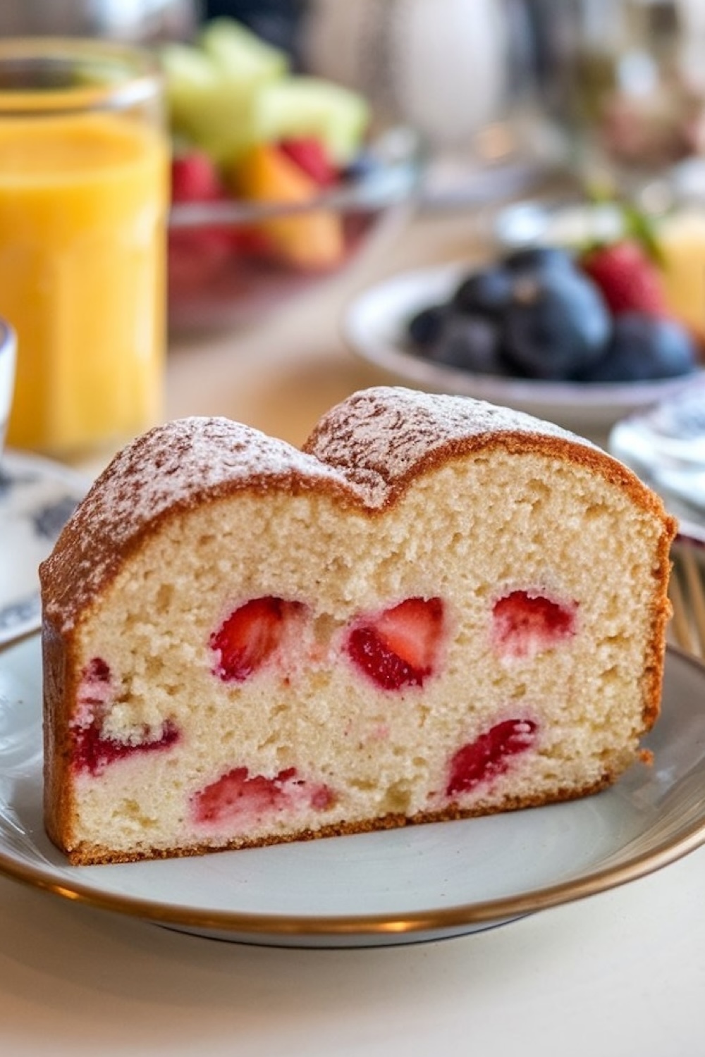 Close-up of a slice of homemade strawberry pound cake on a white plate, showcasing the moist, buttery texture with fresh strawberry chunks inside. The cake is dusted with powdered sugar, creating an inviting, rustic look. In the background, there’s a glass of orange juice and a bowl of fresh berries, giving a cozy breakfast or brunch vibe.