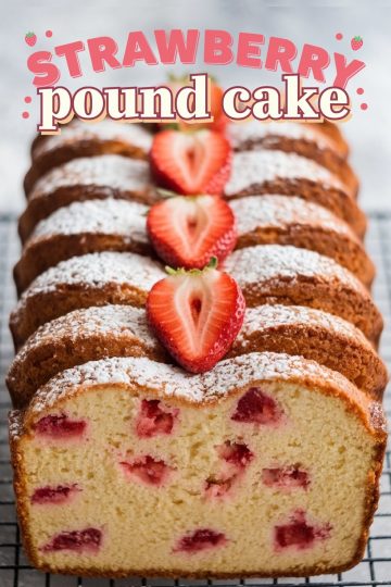 This Strawberry Pound Cake is a beautiful twist on a classic, with fresh strawberries baked right into the buttery, tender cake. Each slice is soft, rich, and dotted with juicy strawberry pieces that add a burst of flavor. It’s the perfect treat for spring gatherings, Mother’s Day or simply enjoying with a cup of coffee. Lightly dusted with powdered sugar and topped with extra berries. #StrawberryPoundCake #BerryDesserts #SpringBaking #HomemadeCake