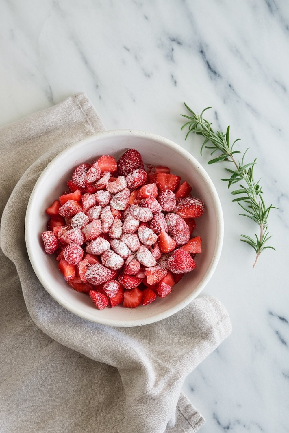 A bowl of fresh, diced strawberries dusted with powdered sugar, creating a simple, elegant garnish. The bowl sits on a light-colored linen cloth with a sprig of rosemary beside it, making it ideal for recipes or dessert garnishing inspiration. This presentation gives a fresh, organic aesthetic, perfect for summer or holiday dessert ideas.