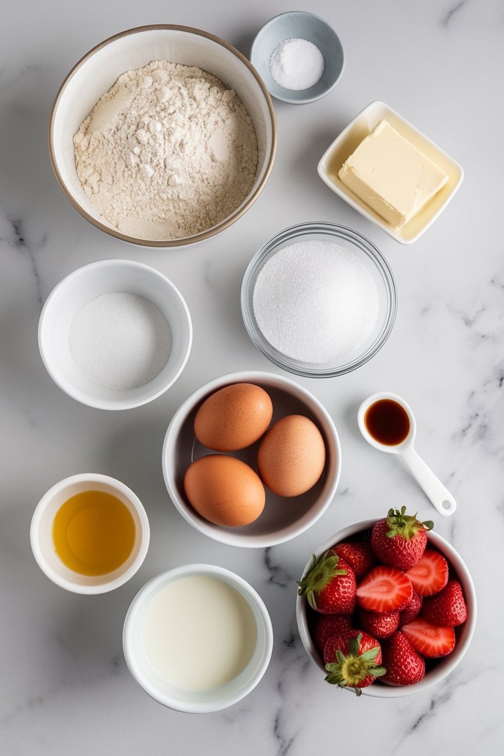 Overhead view of baking ingredients arranged on a marble surface, including flour, sugar, eggs, butter, vanilla extract, milk, and fresh strawberries. This image is styled to show the essential ingredients for a homemade strawberry pound cake recipe, ideal for food blogs or Pinterest posts showcasing easy, from-scratch baking inspiration.