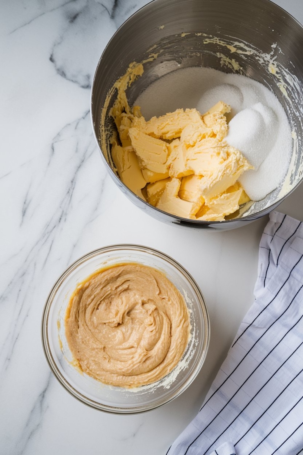 Mixing bowls filled with softened butter and sugar, showcasing the early stages of creaming butter for a cake batter. The marble countertop and striped kitchen towel add a clean, homey feel, making it a great visual for step-by-step baking tutorials or classic pound cake recipes.
