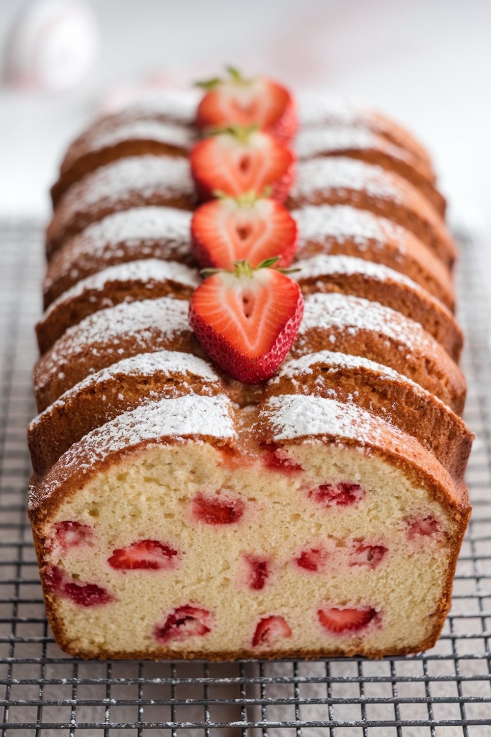 Freshly baked strawberry pound cake loaf on a cooling rack, garnished with halved strawberries on top and dusted with powdered sugar. The loaf is evenly sliced, revealing the tender crumb with vibrant strawberry pieces, making it visually perfect for springtime dessert inspiration or a summer brunch table.