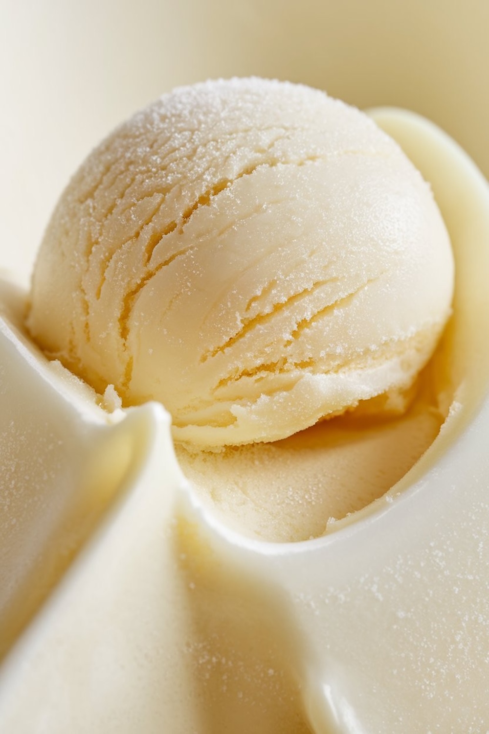 A close-up view of a single scoop of vanilla sorbet, revealing its smooth, creamy texture and subtle granules of ice. The soft, off-white hue and detailed texture give a mouthwatering appeal, highlighting the simplicity and freshness of homemade sorbet. This image captures the essence of minimalist dessert photography and is perfect for showcasing frozen treat recipes.
