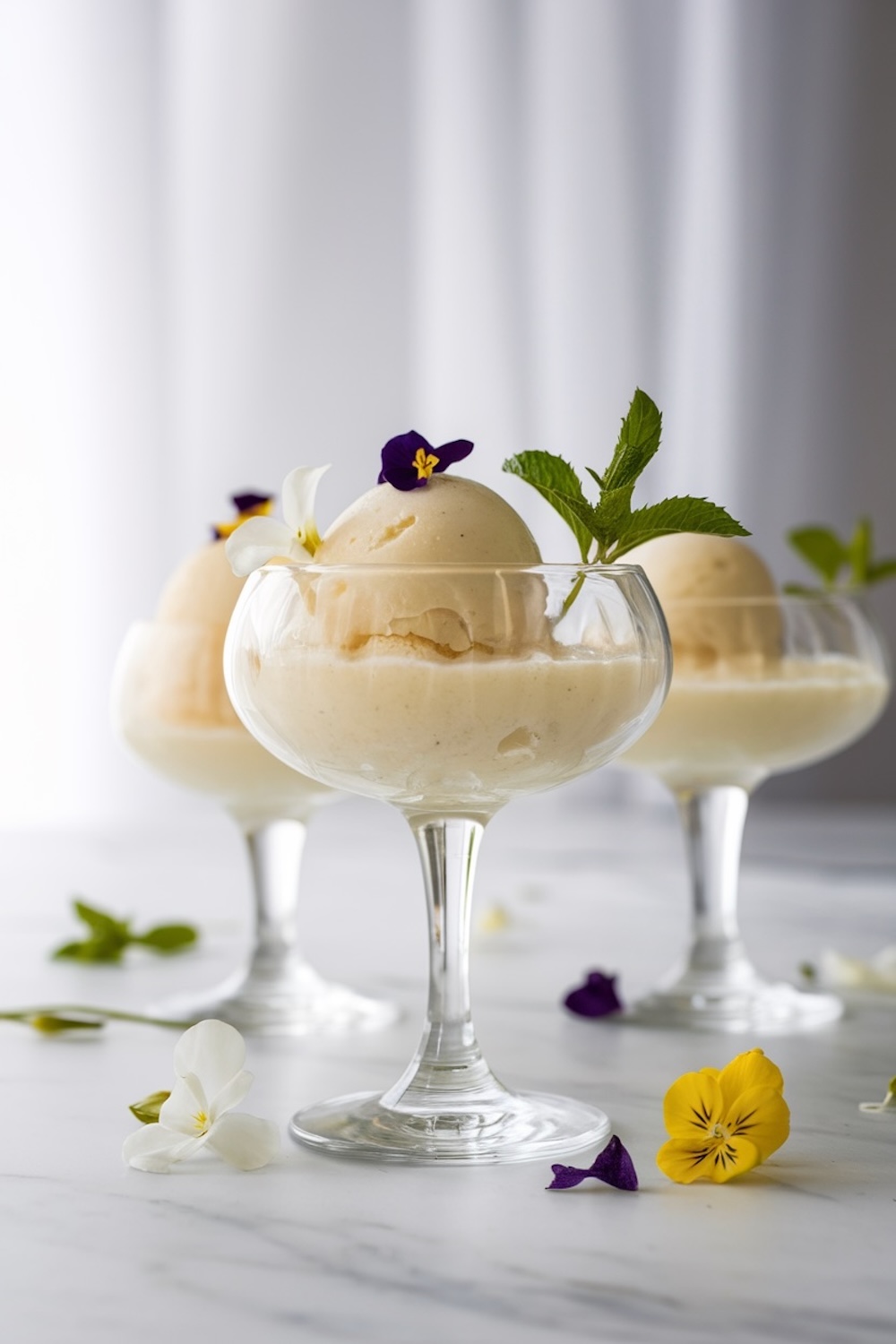 Three elegant dessert glasses showcase scoops of vanilla sorbet, topped with delicate edible flowers and fresh mint leaves for garnish. The sorbet sits in a smooth, creamy texture, beautifully complemented by the colorful flowers. The soft, white background adds an airy, refined feel, ideal for dessert presentations or summer recipe inspiration.