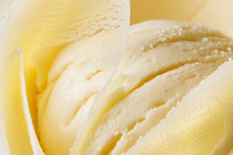 A close-up view of a single scoop of vanilla sorbet, revealing its smooth, creamy texture and subtle granules of ice. The soft, off-white hue and detailed texture give a mouthwatering appeal, highlighting the simplicity and freshness of homemade sorbet. This image captures the essence of minimalist dessert photography and is perfect for showcasing frozen treat recipes.
