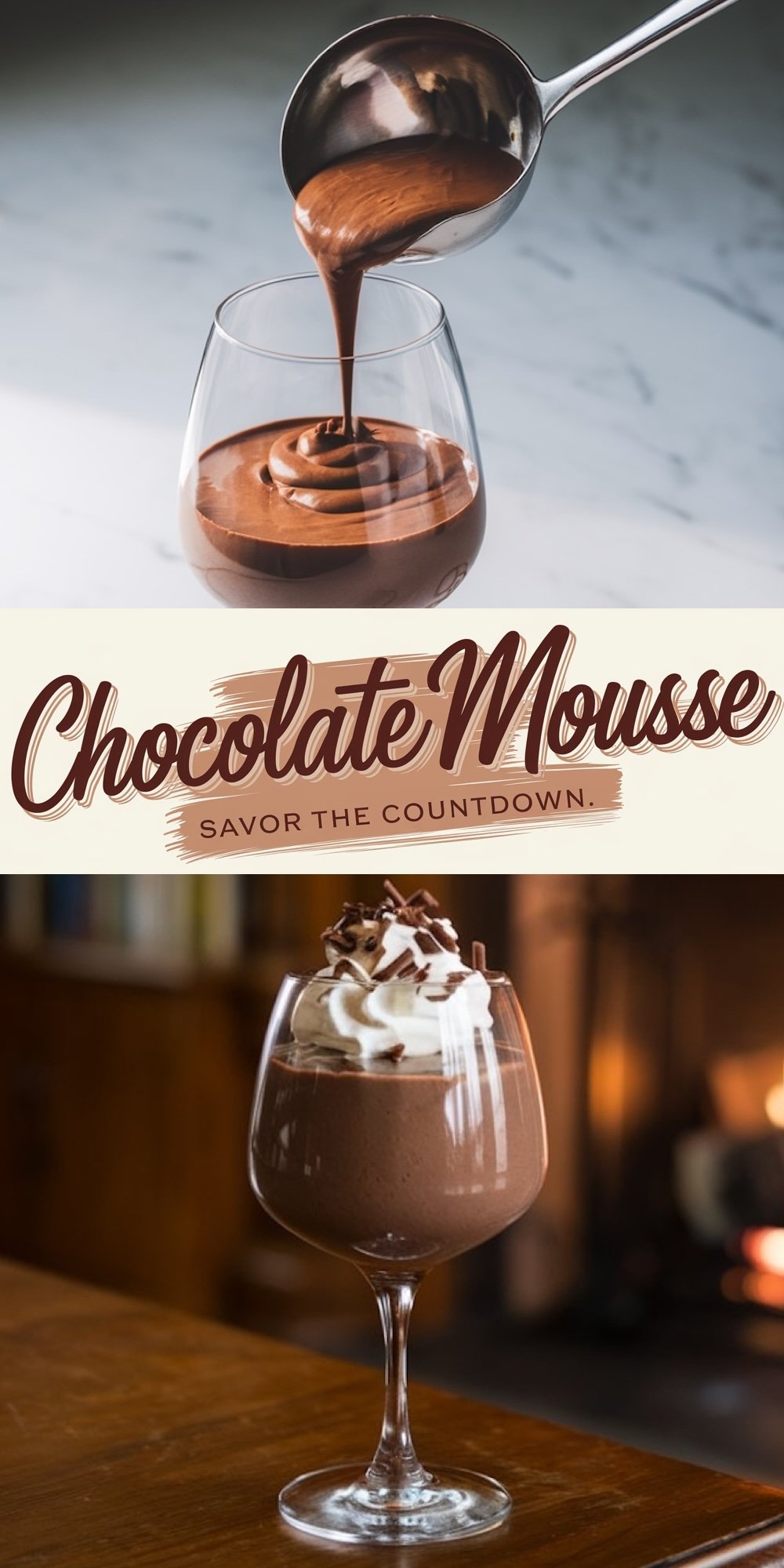 Chocolate mousse served in elegant glasses with a rich, velvety texture, topped with whipped cream and chocolate shavings. This classic dessert is a luxurious choice for New Year’s Eve gatherings and midnight indulgence.