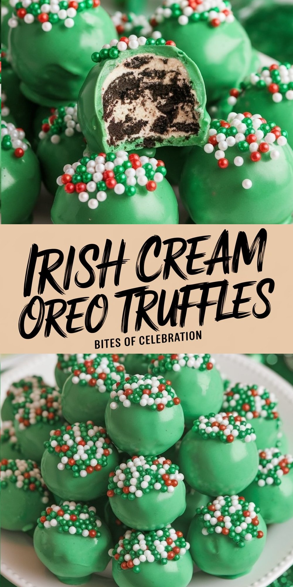 Irish cream Oreo truffles coated in vibrant green chocolate and decorated with festive sprinkles. These bite-sized treats feature a creamy Oreo center and are perfect for adding a playful, celebratory vibe to New Year’s parties.