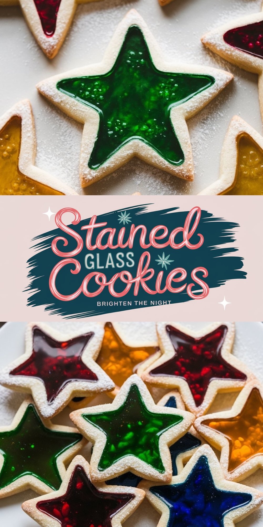 Stained glass cookies with star-shaped sugar cookie bases and colorful translucent centers made from melted candy. These whimsical cookies are ideal for brightening up New Year’s dessert tables and adding a festive, artistic element.