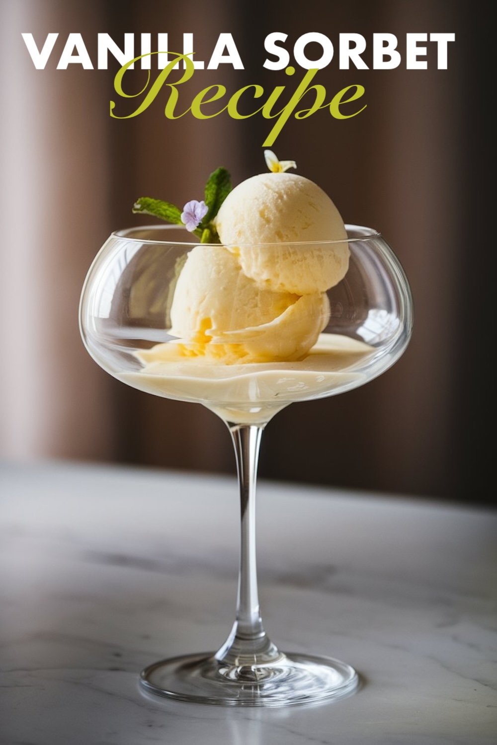 Vanilla sorbet presented in a chic dessert glass with a smooth and creamy texture, garnished with fresh mint and a delicate edible flower. This refreshing dessert is a light and elegant option for New Year’s celebrations or sophisticated dining.
