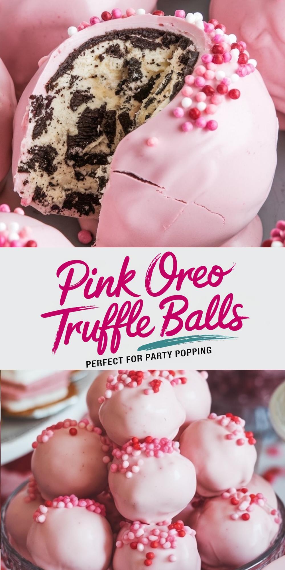 Pink Oreo truffle balls coated in a vibrant pink chocolate shell, filled with a creamy Oreo and cream cheese center, and decorated with pink and red sprinkles. These playful and eye-catching treats are perfect for festive New Year’s Eve parties.