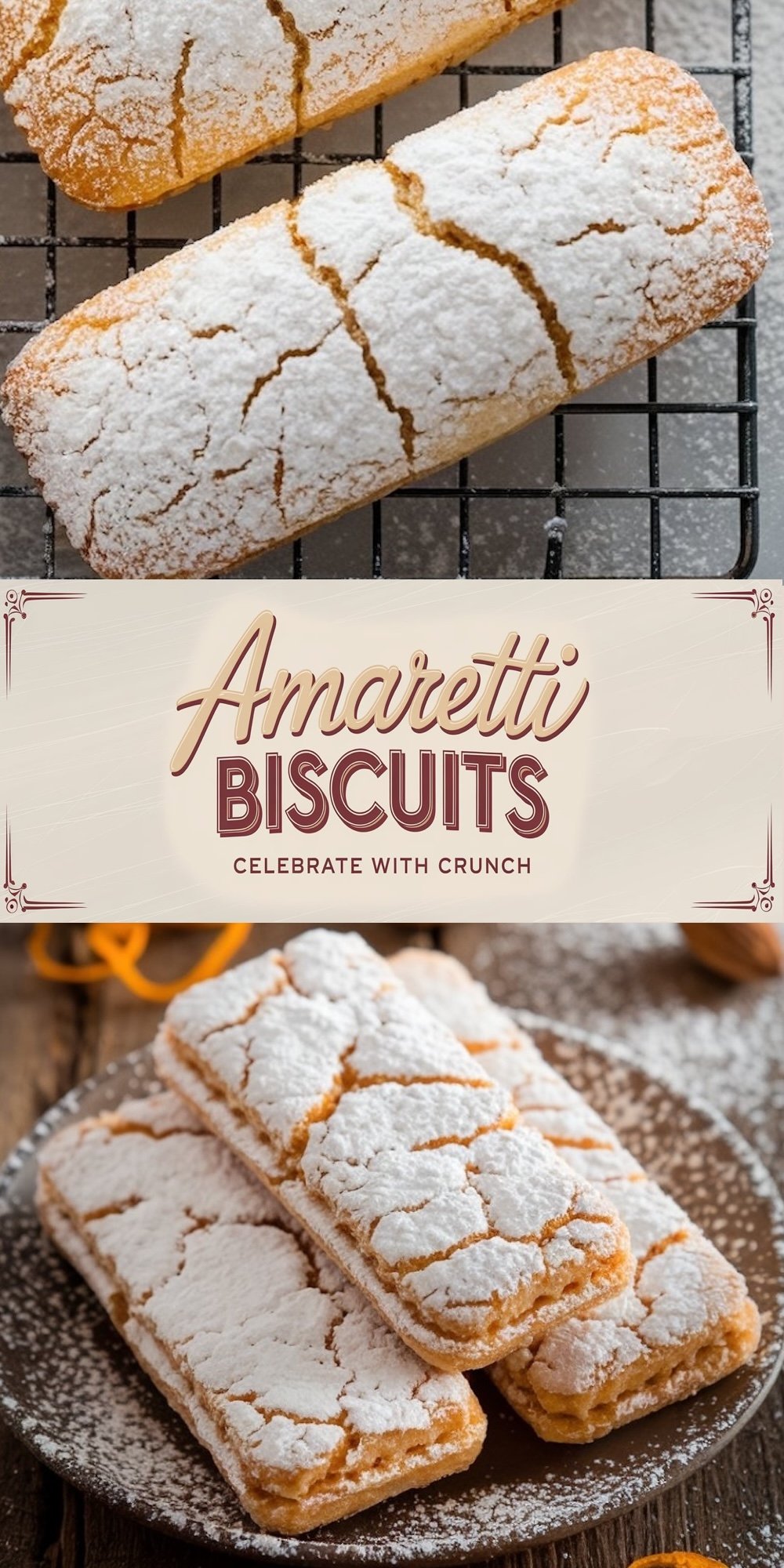 Amaretti biscuits with a golden, crisp exterior and a soft almond interior, dusted with powdered sugar for a rustic, elegant touch. These Italian cookies are a delightful crunchy addition to New Year’s dessert spreads or coffee pairings.