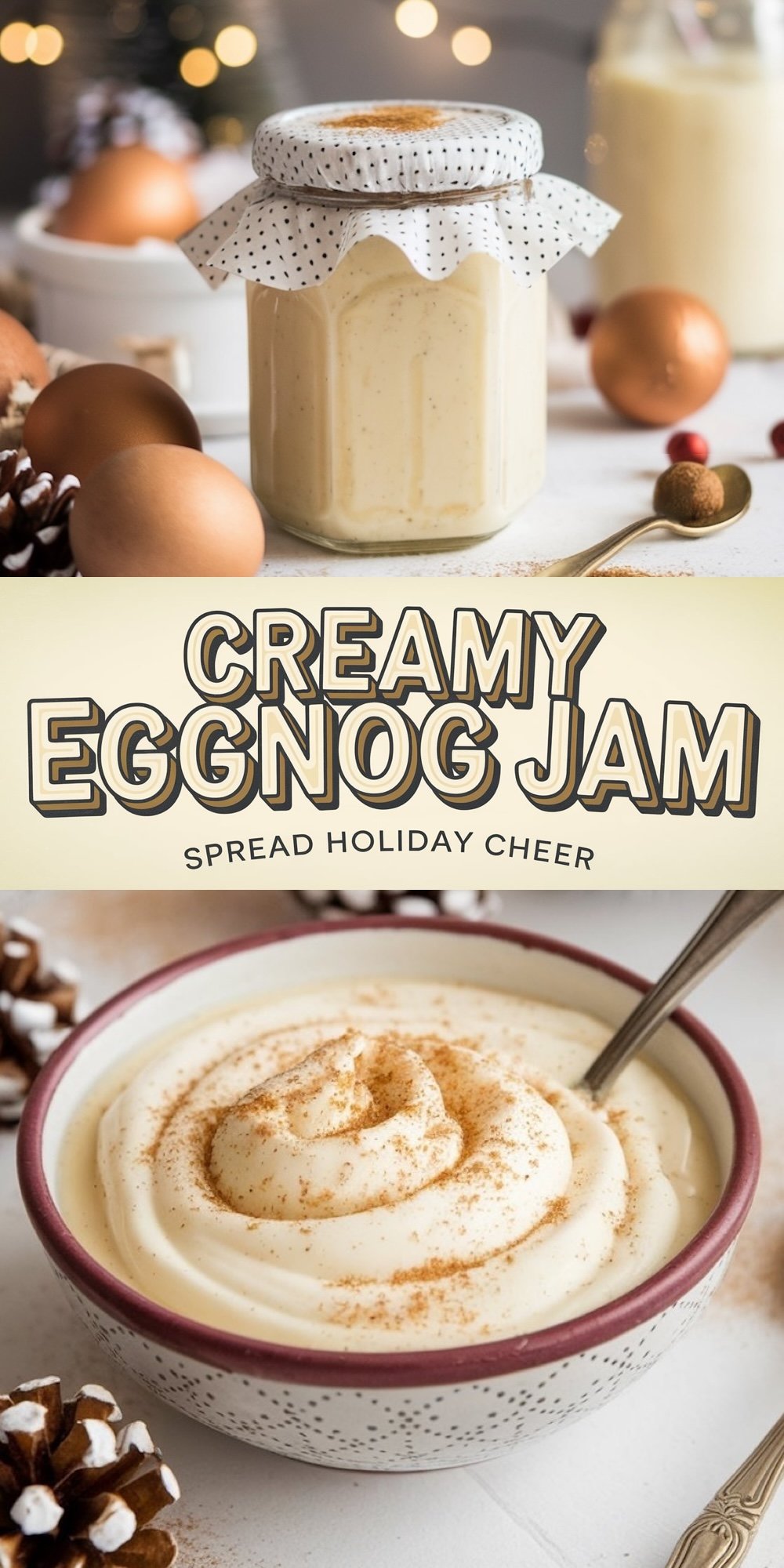 Creamy eggnog jam with a smooth, custard-like texture, flavored with holiday spices and served in jars. This rich and festive spread is perfect for adding a seasonal twist to desserts or gifting during New Year’s celebrations.