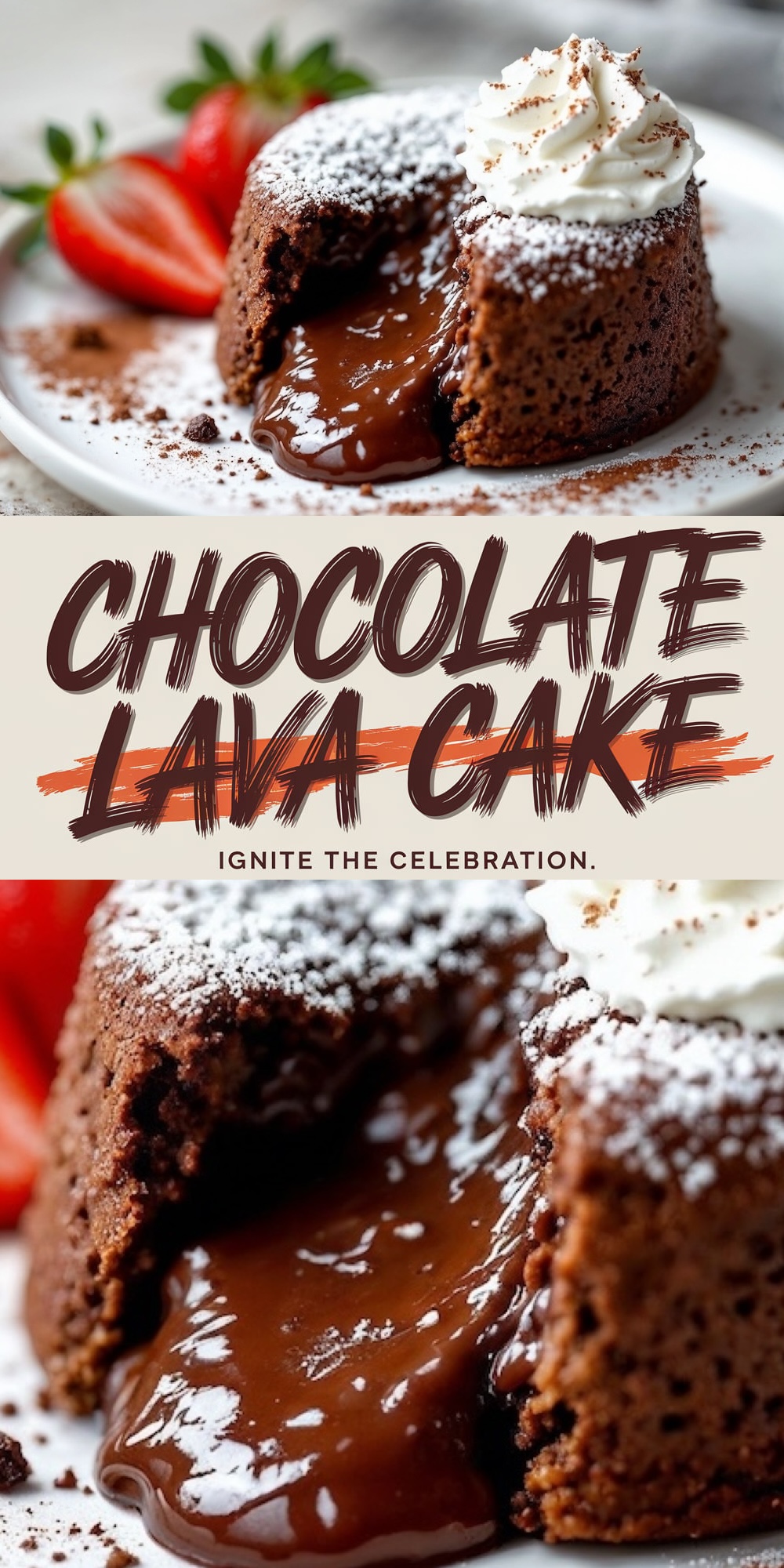 Chocolate lava cake with a soft, moist exterior and a molten, gooey chocolate center, served with a dollop of whipped cream and fresh strawberries. This decadent dessert is a luxurious choice for New Year’s gatherings and midnight indulgence.