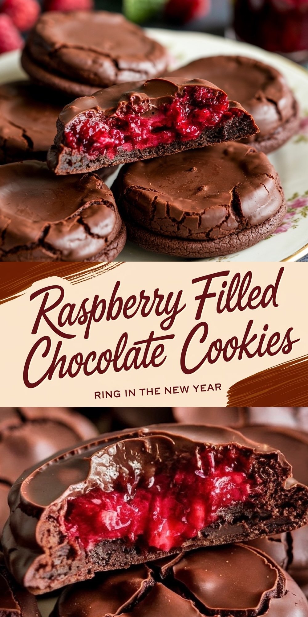 Soft chocolate cookies coated in glossy chocolate and filled with tangy raspberry jam. The vibrant red filling adds a festive pop of color, making these cookies a luxurious dessert option for New Year’s Eve gatherings.