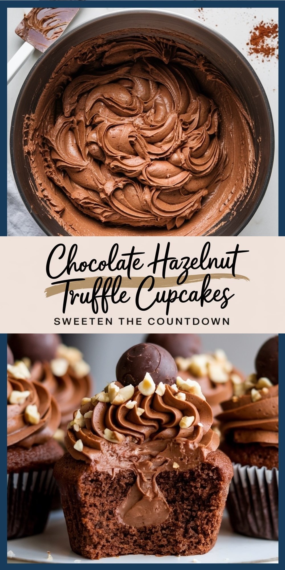 Decadent chocolate cupcakes filled with creamy hazelnut truffle centers, topped with swirls of chocolate frosting and sprinkled with chopped hazelnuts. A truffle ball crowns each cupcake, making them an indulgent choice for New Year’s celebrations and chocolate lovers.