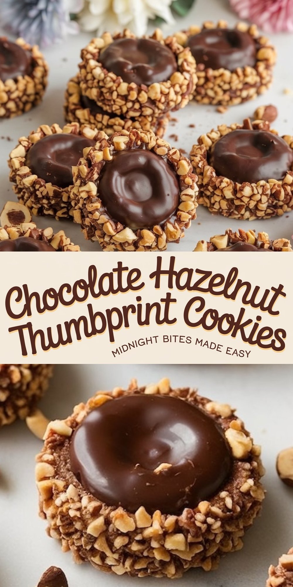 Rich chocolate hazelnut thumbprint cookies featuring a glossy chocolate center and a crunchy hazelnut coating. These bite-sized treats are perfect for adding elegance to New Year’s Eve parties and midnight dessert spreads.