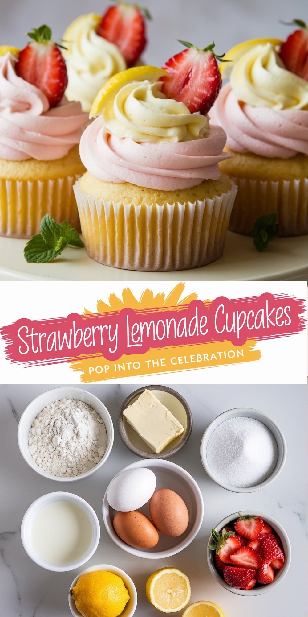 Strawberry lemonade cupcakes with a zesty lemon base and strawberry and lemon buttercream swirls, garnished with fresh strawberry slices and lemon wedges. This bright and tangy dessert is a vibrant choice for New Year’s celebrations or any festive occasion.