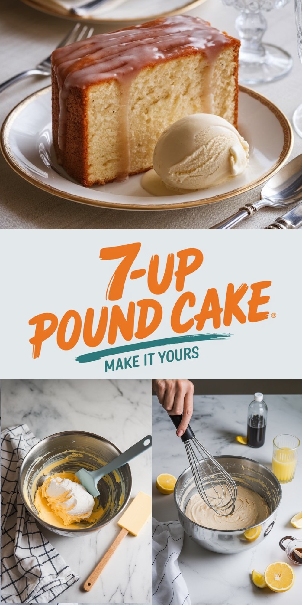 A slice of 7-Up pound cake with a golden crust and glaze, served on a white plate with a scoop of vanilla ice cream. The text "7-Up Pound Cake: Make it Yours" appears in bold orange and teal font. Two preparation steps show ingredients in a mixing bowl being creamed and a whisk blending batter, surrounded by lemons and baking tools on a marble surface.