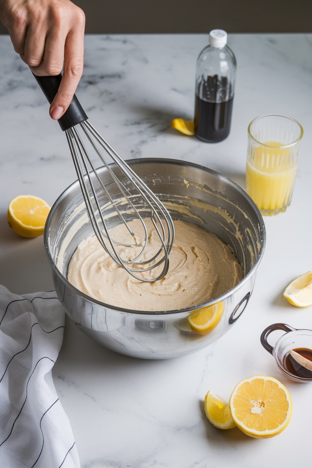 A close-up of a mixing bowl filled with smooth 7-Up pound cake batter, being whisked by hand. Fresh lemon halves, vanilla extract, and a glass of lemon juice are scattered on the marble countertop, adding a vibrant touch to the baking setup.