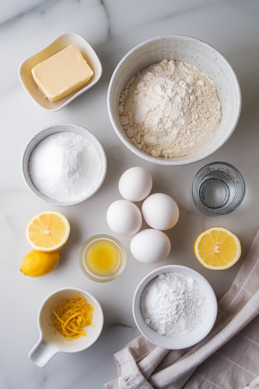 An overhead shot of 7-Up pound cake ingredients, including butter, flour, sugar, eggs, lemons, lemon zest, and powdered sugar, arranged neatly on a white marble surface. The composition highlights freshness and precision in preparation.