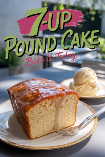 A slice of moist 7-Up pound cake with a golden crust, topped with a glossy lemon glaze, served on an elegant plate with a fork. In the background, a scoop of creamy vanilla ice cream is placed on a matching plate. The text "7-Up Pound Cake: Bake it Today" appears in bold green and pink lettering, adding a promotional touch. The setting features soft outdoor lighting and a blurred patio backdrop.