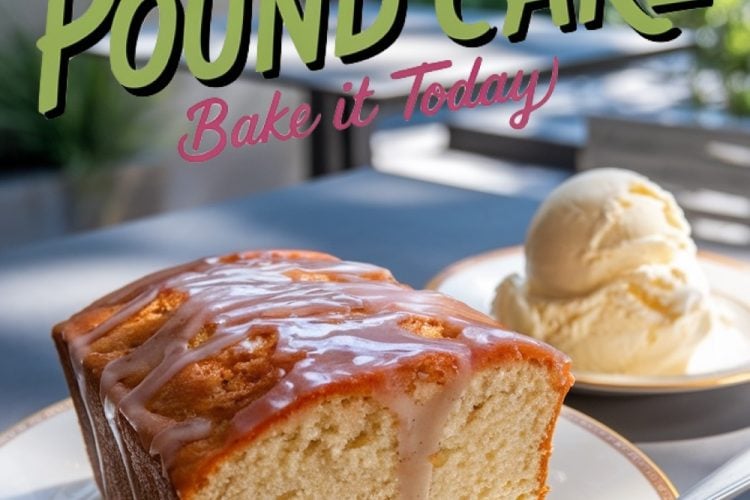 A slice of moist 7-Up pound cake with a golden crust, topped with a glossy lemon glaze, served on an elegant plate with a fork. In the background, a scoop of creamy vanilla ice cream is placed on a matching plate. The text "7-Up Pound Cake: Bake it Today" appears in bold green and pink lettering, adding a promotional touch. The setting features soft outdoor lighting and a blurred patio backdrop.
