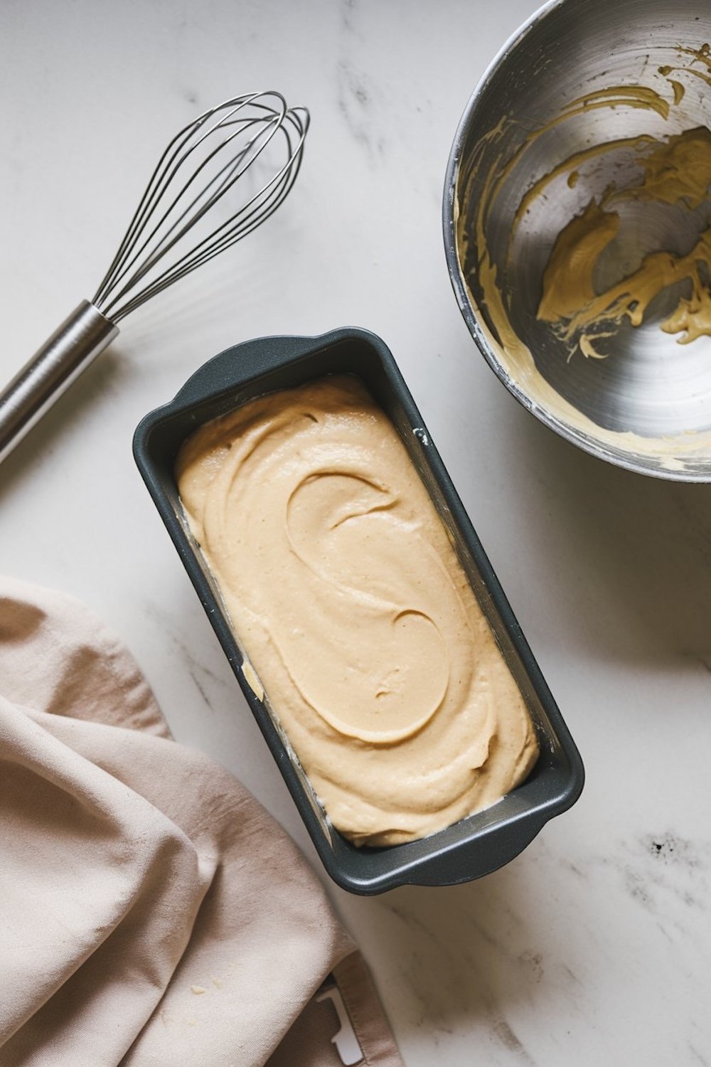 A loaf pan filled with smooth 7-Up pound cake batter, ready for baking. A metal whisk and mixing bowl with remnants of batter are placed nearby on a clean marble countertop, accompanied by a beige kitchen towel.