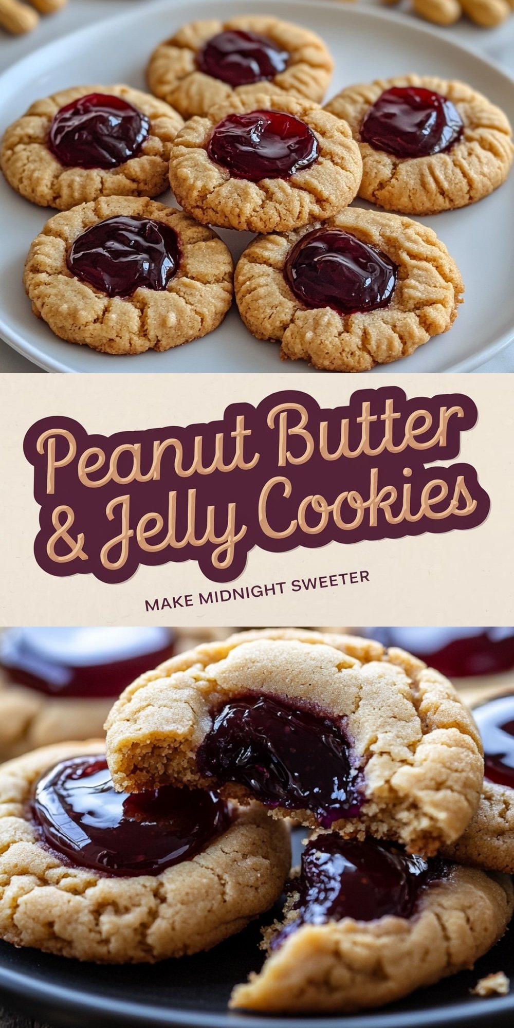 Peanut butter and jelly cookies featuring a soft peanut butter base and a glossy raspberry jelly center. These nostalgic yet festive treats are perfect for adding a playful touch to New Year’s dessert tables or midnight snacking.