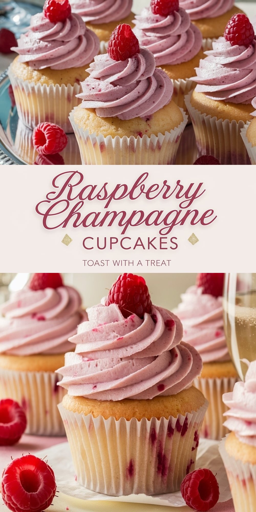 Raspberry champagne cupcakes with a moist vanilla base, swirls of champagne-infused raspberry frosting, and fresh raspberries on top. These elegant cupcakes are perfect for toasting to the New Year with a touch of sweetness.