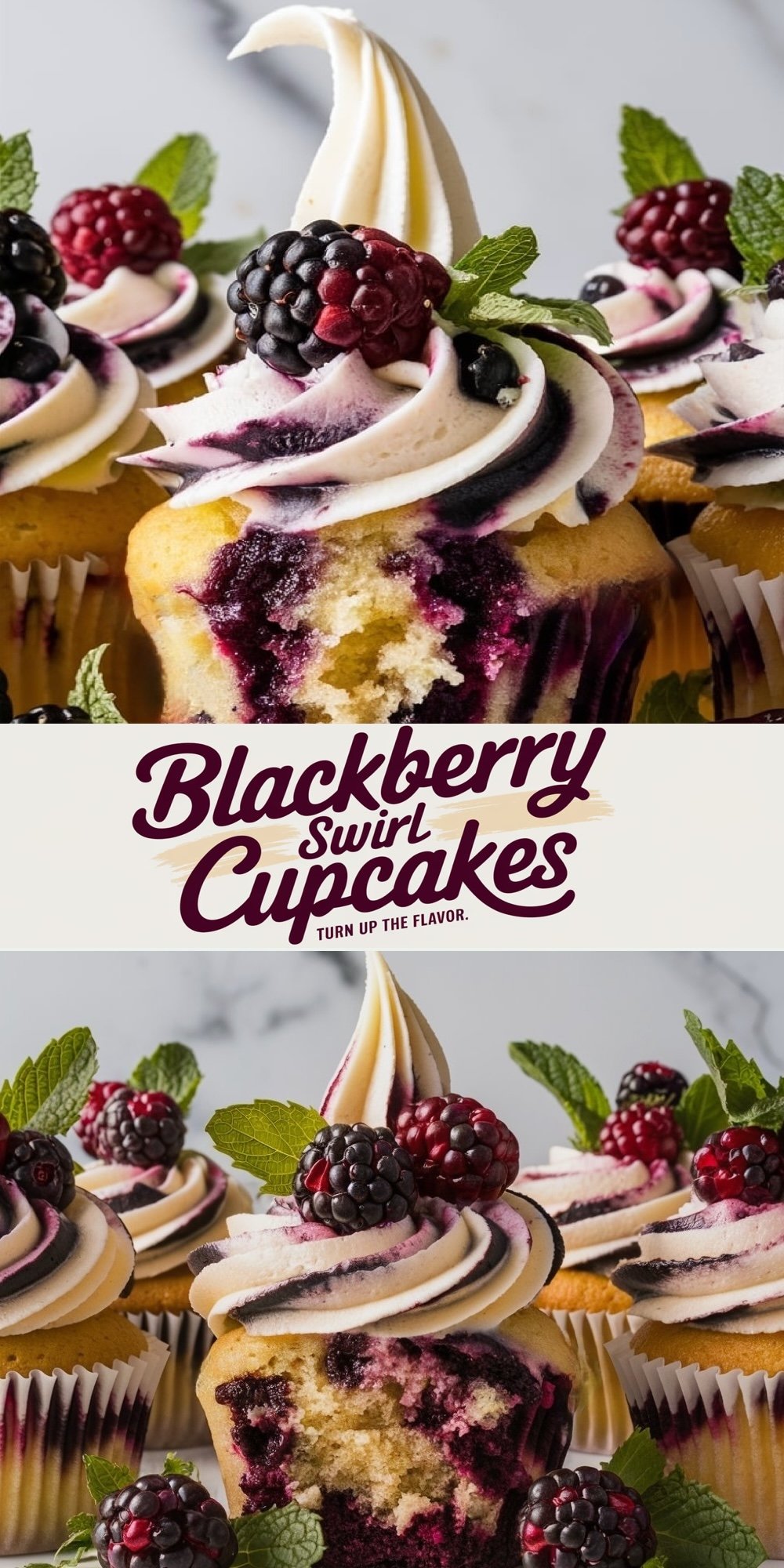 Blackberry swirl cupcakes with a moist vanilla base and a vibrant blackberry swirl baked into the batter. Topped with creamy buttercream swirls, fresh blackberries, and mint leaves, these cupcakes are a delightful dessert for New Year’s Eve celebrations or special gatherings.