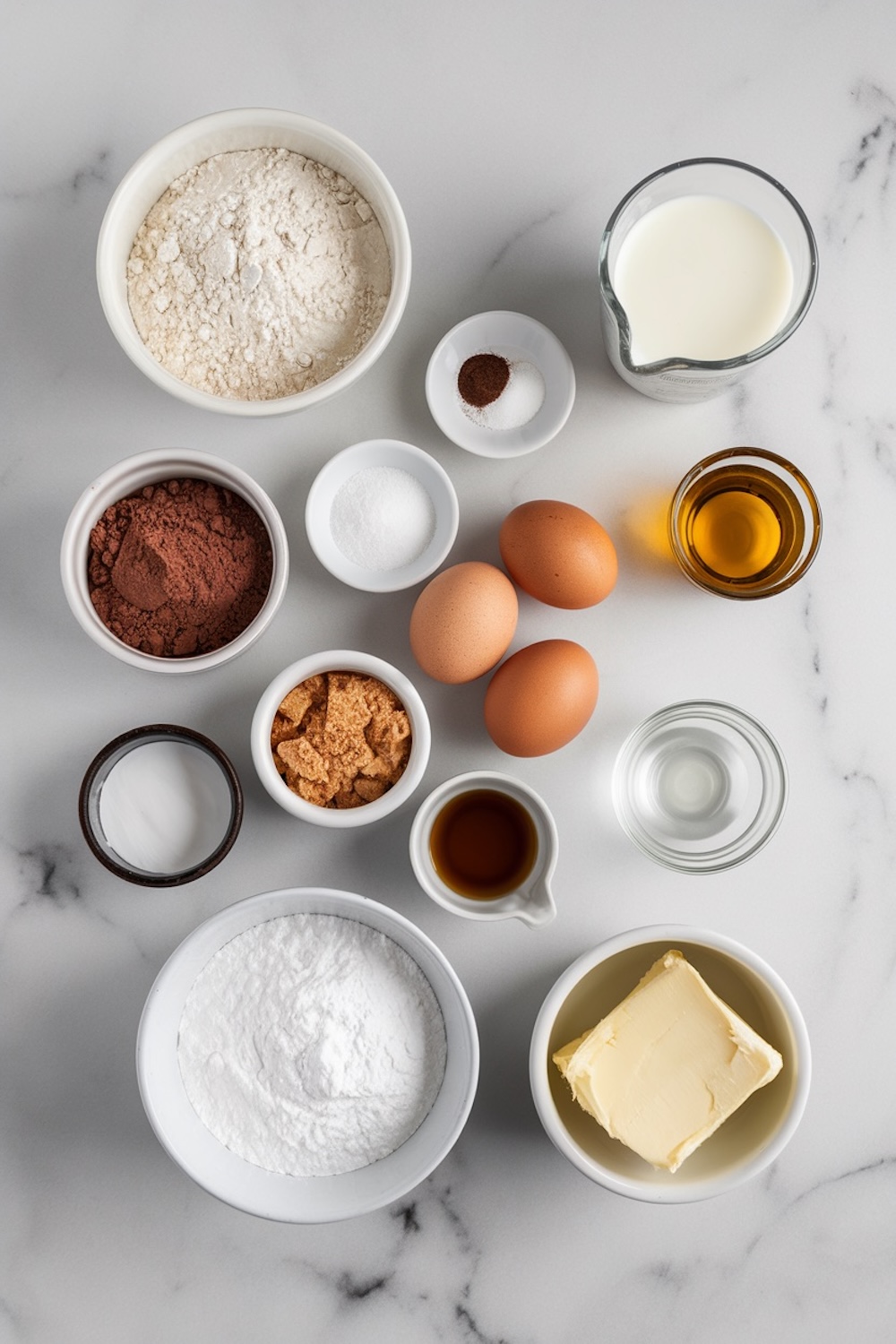 A flat lay of baking ingredients arranged neatly on a marble countertop. The assortment includes bowls of flour, cocoa powder, sugar, brown sugar, powdered sugar, and butter, alongside eggs, vanilla extract, milk, oil, and salt, presenting a comprehensive cupcake ingredient setup.