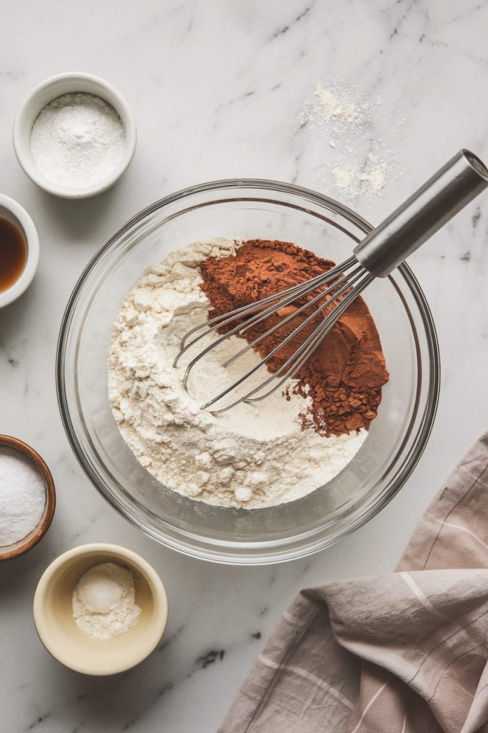 A glass mixing bowl filled with dry ingredients, including cocoa powder and flour, being whisked together. Surrounding the bowl are small bowls containing baking essentials like sugar, baking powder, and vanilla extract, placed on a marble countertop with a beige linen napkin.