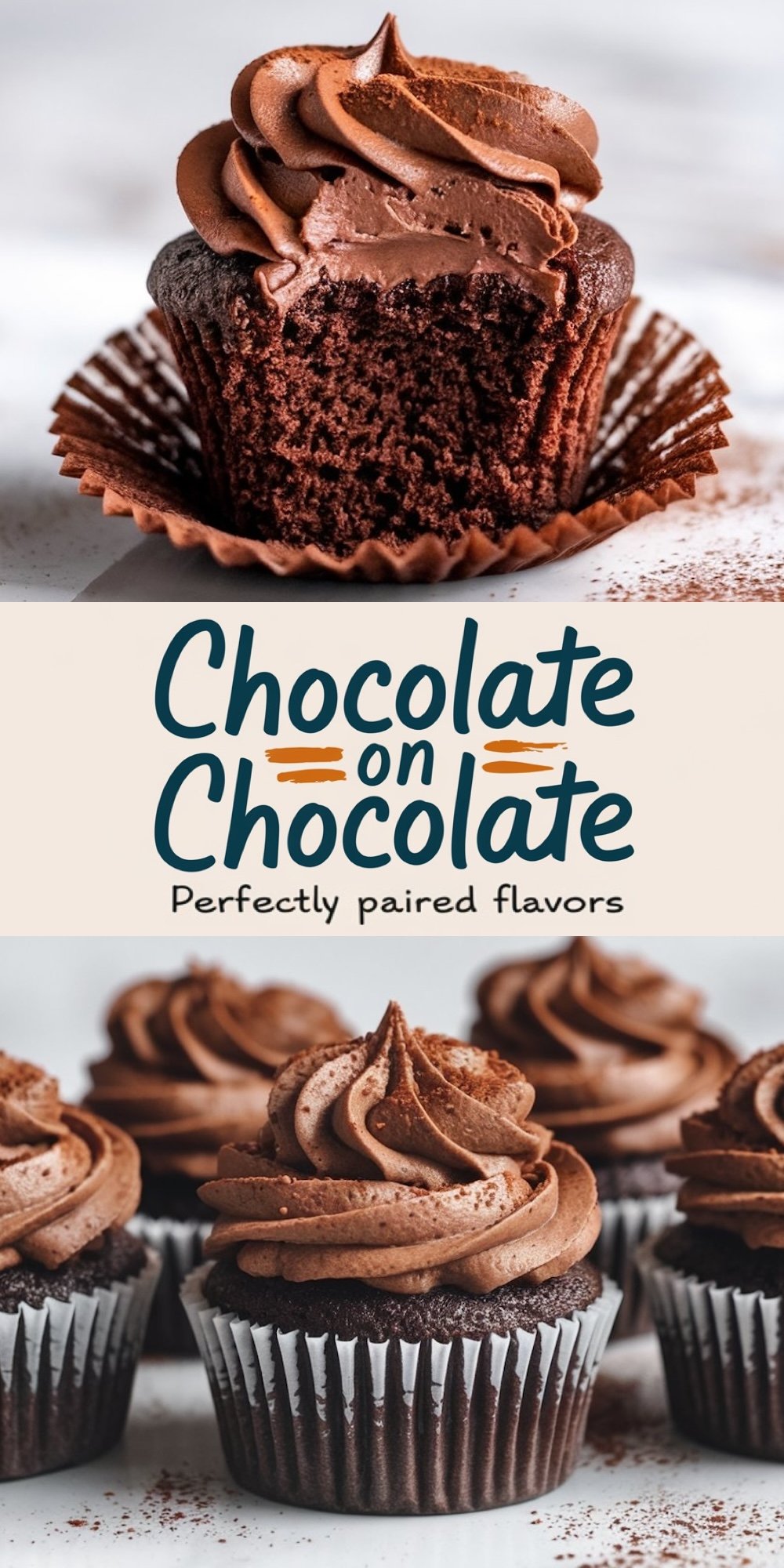 A collage displaying a bitten chocolate cupcake with smooth chocolate frosting, highlighting its rich interior. Below, a row of frosted cupcakes is displayed on a white surface. Text overlay reads “Chocolate on Chocolate - Perfectly Paired Flavors.”