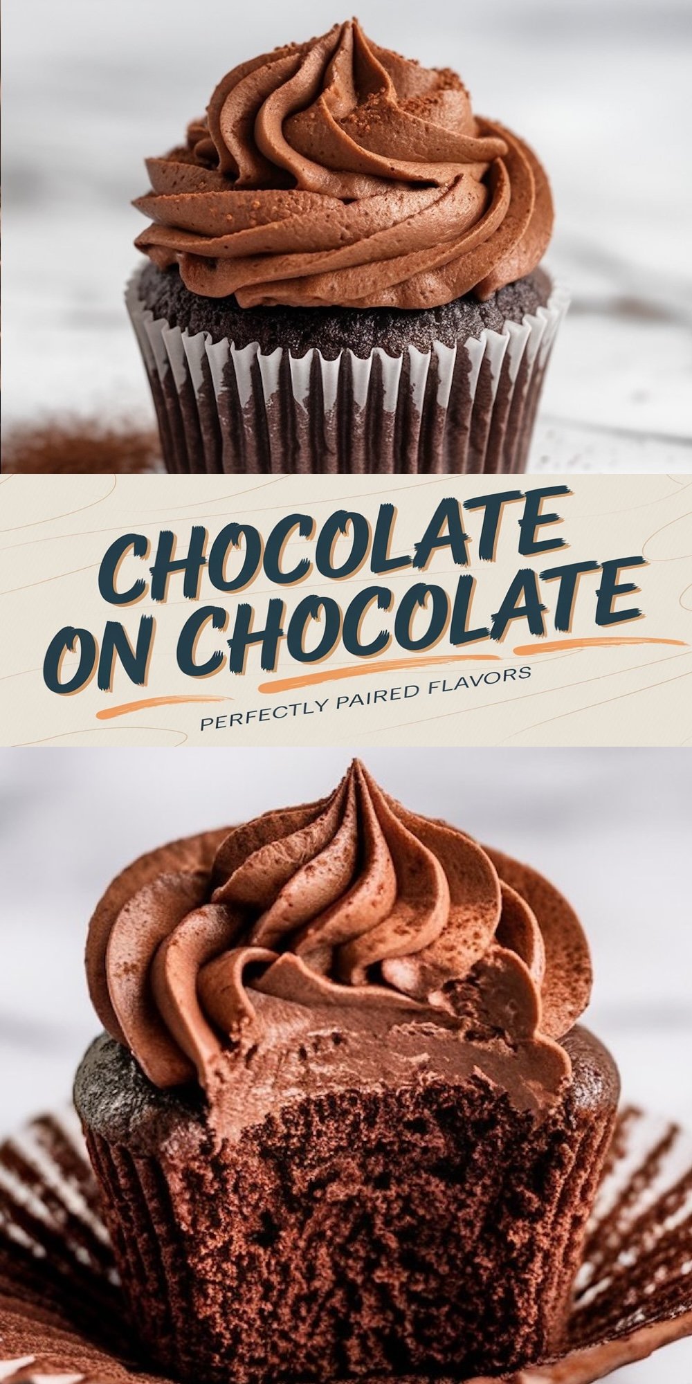 A two-part collage featuring a close-up of a chocolate cupcake with swirled chocolate frosting on top. The top view shows the full cupcake with rich frosting details, while the bottom view highlights a bite taken out, revealing the moist chocolate interior. Text overlay reads “Chocolate on Chocolate” and “Perfectly Paired Flavors.”