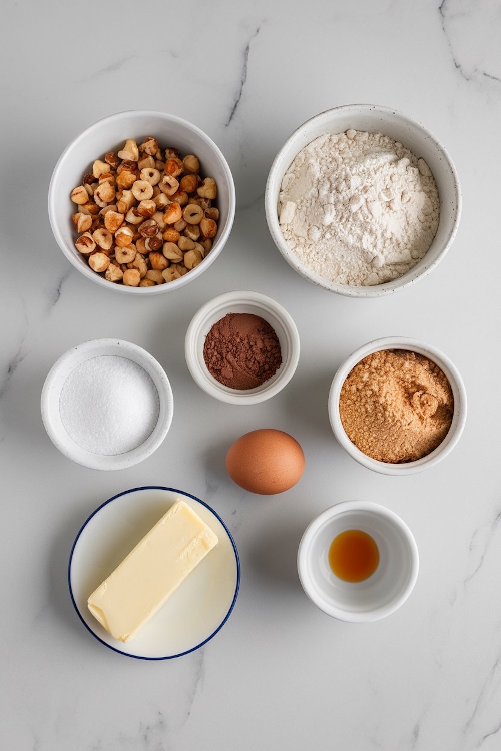 A flat lay of baking ingredients arranged neatly on a white marble surface, including hazelnuts, flour, cocoa powder, white and brown sugar, an egg, butter, and vanilla extract, showcasing the essentials for making chocolate hazelnut cookies.