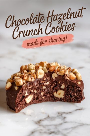 A close-up of a bitten chocolate hazelnut cookie on a marble surface, showcasing the fudgy interior, chocolate coating, and generous hazelnut topping, perfect for highlighting its decadent texture.