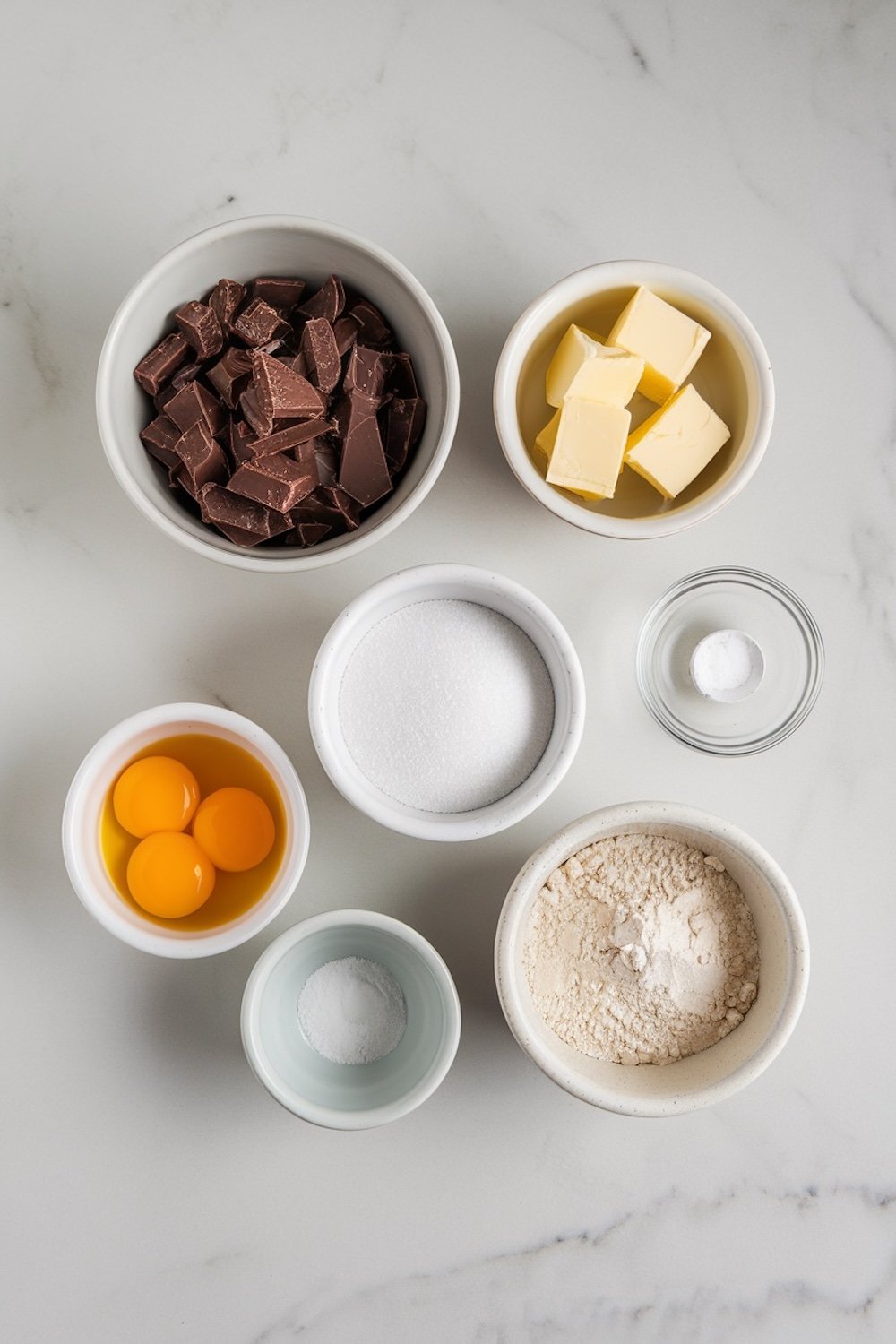 A collection of baking ingredients neatly arranged in small bowls on a white marble surface. Ingredients include chopped chocolate, cubes of butter, egg yolks, granulated sugar, flour, baking powder, and salt, ready for a dessert recipe.