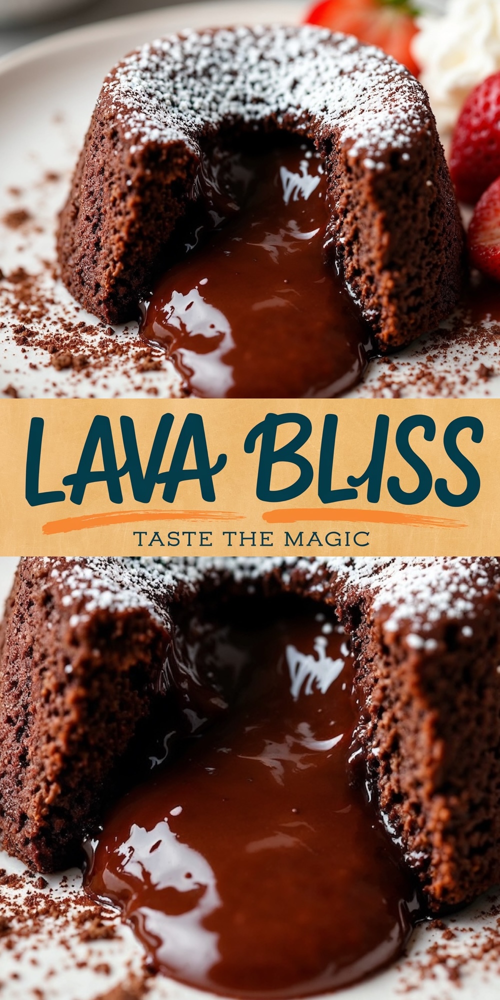 A close-up of a molten lava cake with a rich, gooey chocolate center oozing out. The dessert is dusted with powdered sugar and surrounded by cocoa crumbs, with fresh strawberries and whipped cream in the background. The text overlay reads “Lava Bliss: Taste the Magic.”