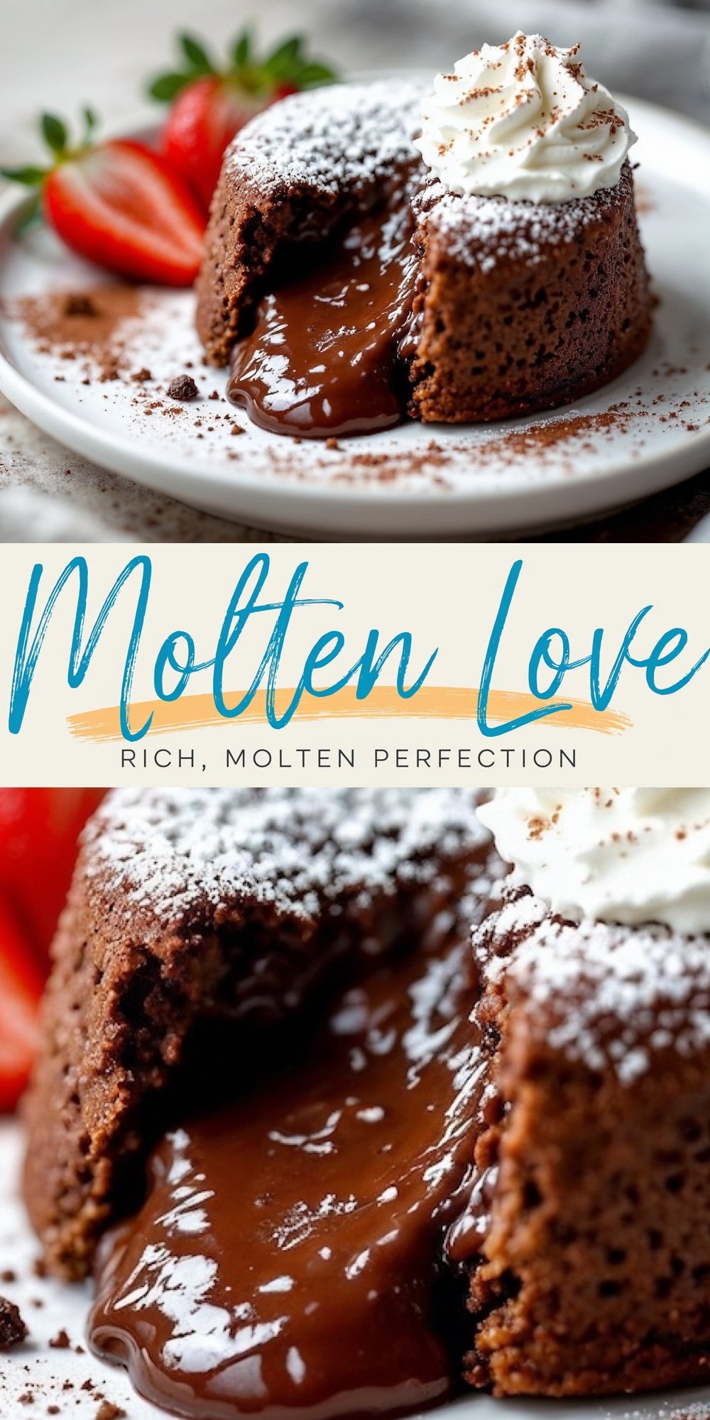 A collage featuring molten lava cake. The top image showcases a whole cake with a melted chocolate core spilling out, dusted with powdered sugar and garnished with whipped cream and fresh strawberries. The bottom image highlights a close-up of the dessert’s oozing chocolate center. Text overlay reads “Rich, Molten Perfection.”