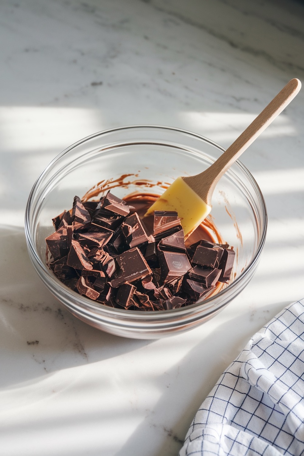 A glass bowl filled with chopped dark chocolate pieces beginning to melt, placed on a marble countertop with sunlight streaming through. A yellow silicone spatula rests in the bowl, hinting at the chocolate being stirred or melted.