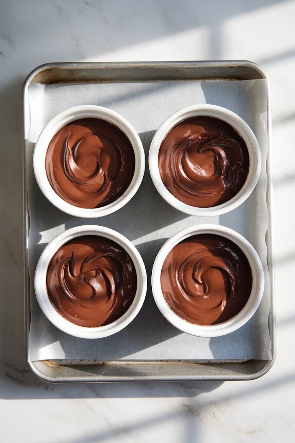 Four white ramekins filled with smooth, rich chocolate batter arranged on a parchment-lined baking tray. The tray is set on a marble surface illuminated by natural light, emphasizing the creamy texture of the batter.