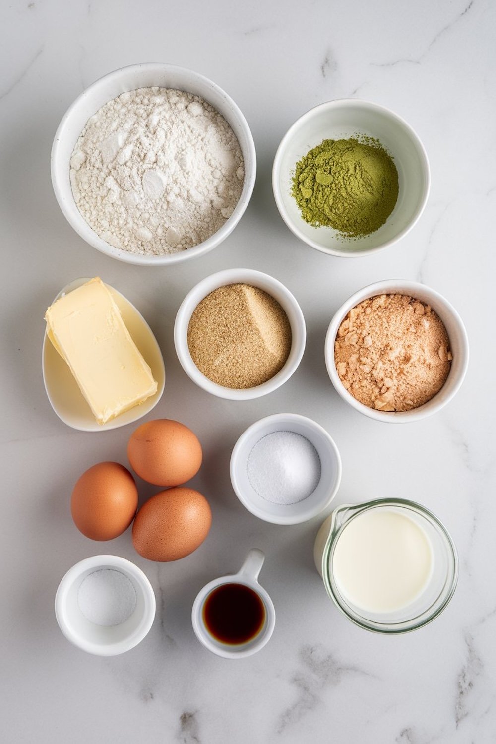 An overhead view of matcha pound cake ingredients on a marble surface. Bowls contain flour, matcha powder, brown sugar, crushed biscuits, baking soda, and salt. Additional items include eggs, unsalted butter, vanilla extract in a small jug, and milk in a glass measuring cup.