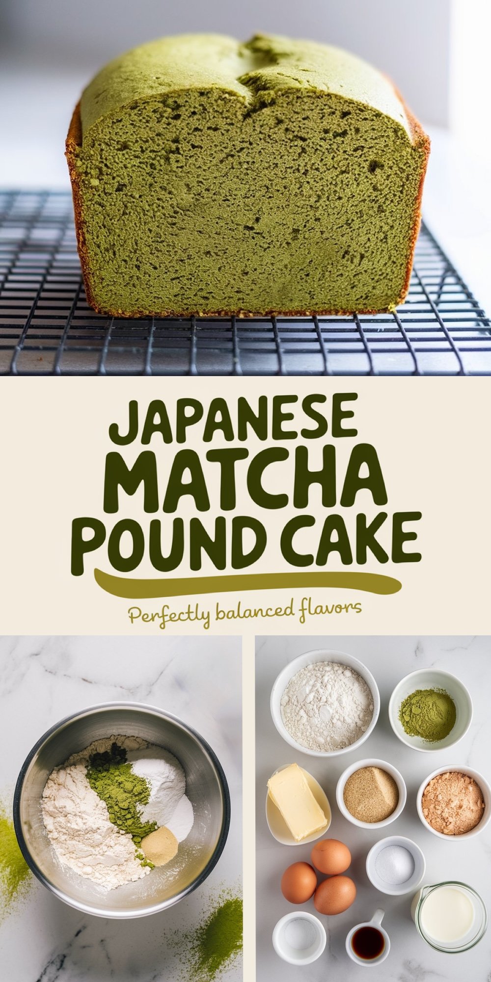 A collage image highlighting Japanese matcha pound cake. The top section showcases a freshly baked loaf cooling on a wire rack with a crackled top and vibrant green interior. The bottom section includes two panels: a mixing bowl with dry ingredients and a set of neatly arranged ingredients. Text overlay reads “Japanese Matcha Pound Cake - Perfectly Balanced Flavors.”