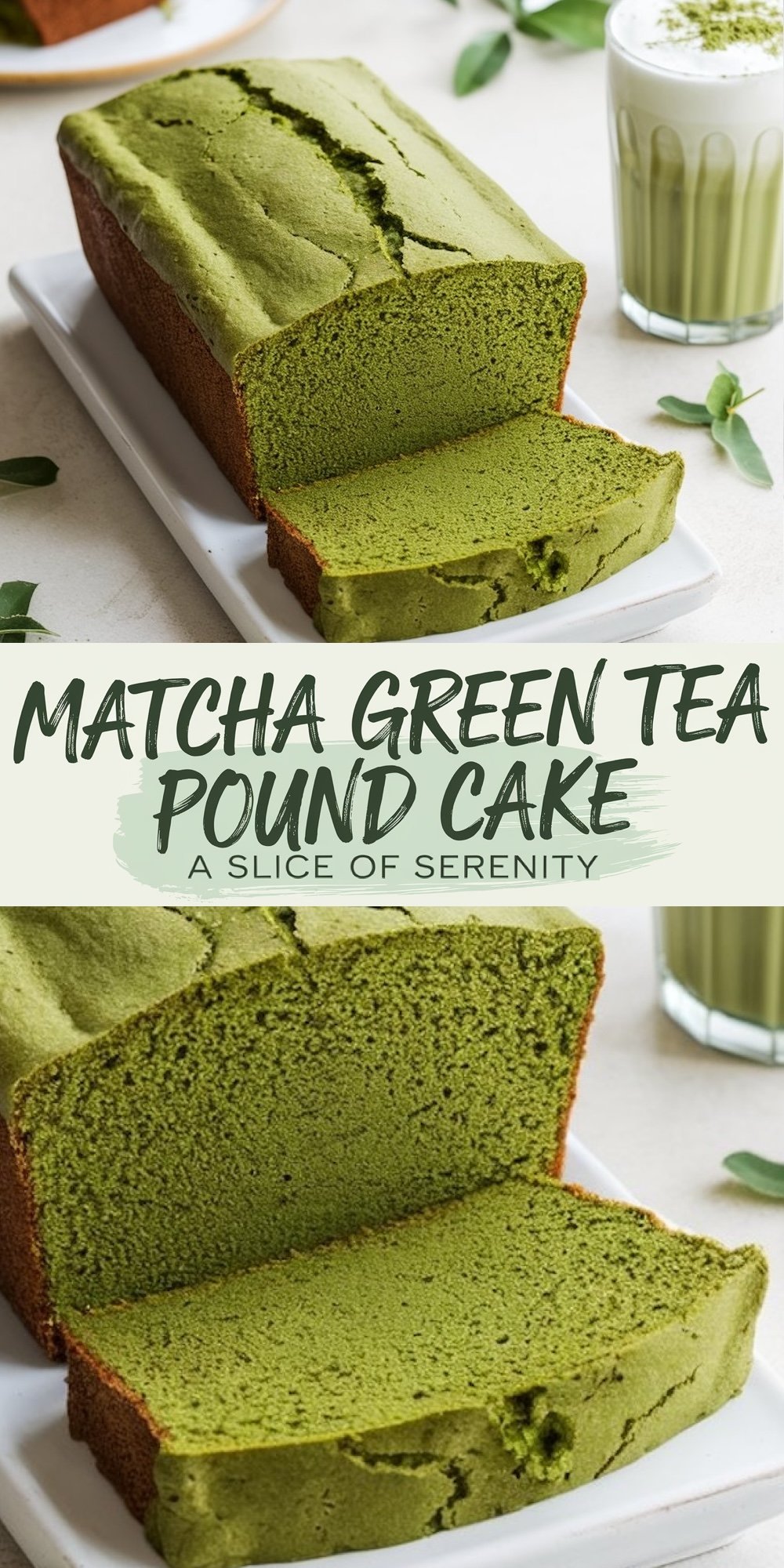A collage image showcasing a matcha green tea pound cake on a white platter. The top panel shows the full loaf, partially sliced, while the bottom panel focuses on a closer view of the sliced cake. A glass of matcha latte and fresh green leaves add detail. Text overlay reads “Matcha Green Tea Pound Cake - A Slice of Serenity.”