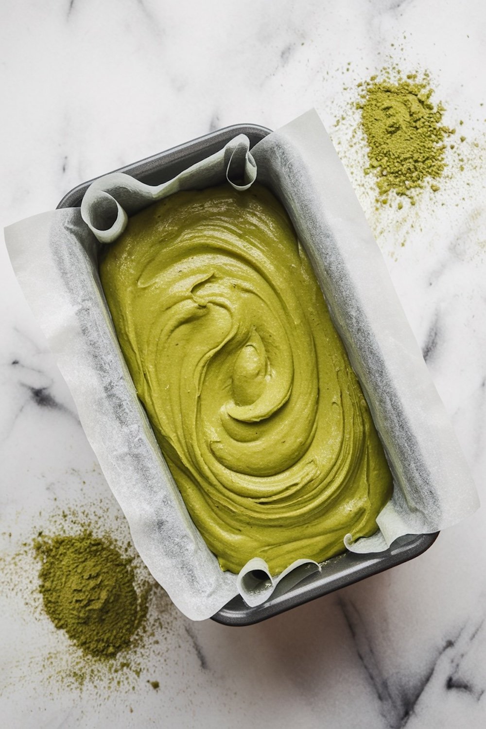 A close-up of a parchment-lined loaf pan filled with swirled matcha batter, ready for baking. Green tea powder is dusted decoratively on the marble surface surrounding the pan.